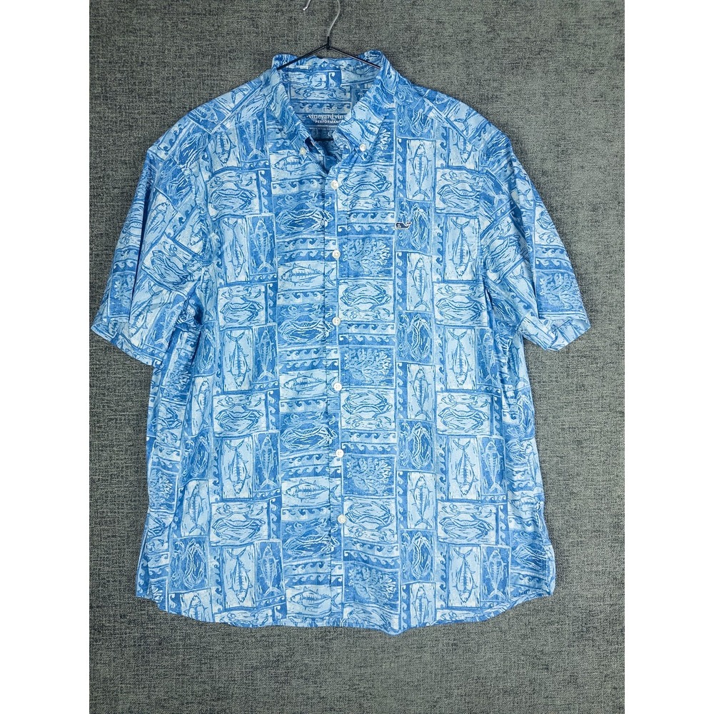 Vineyard Vines Performance Classic Fit Whale Shirt Mens L Blue Fish Print Coasta